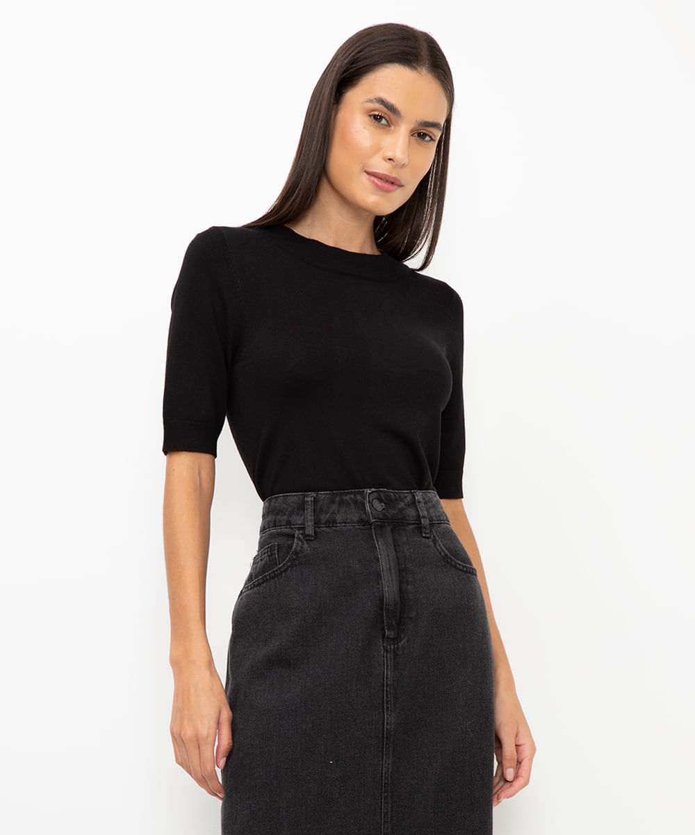 blusa de tricot com botões preto