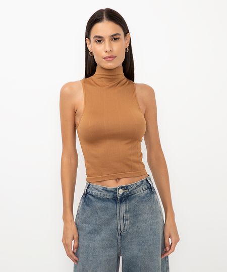 cropped de poliamida gola alta marrom M cropped de poliamida gola alta marrom M
