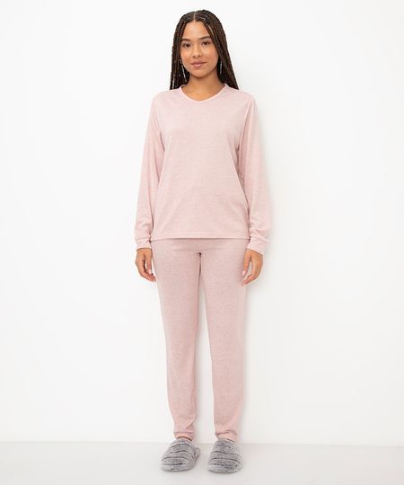 pijama de tricot manga longa rosê PP