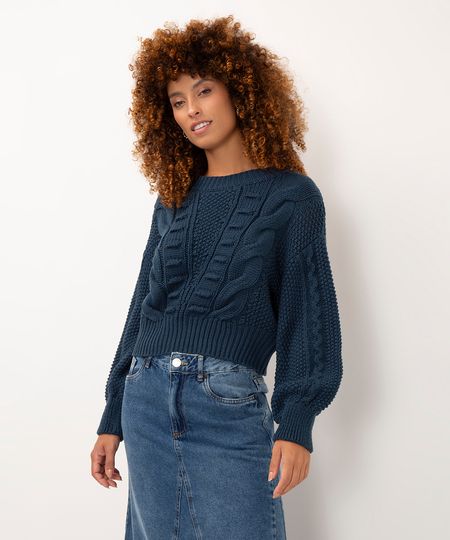 suéter de tricot manga bufante azul GG suéter de tricot manga bufante azul GG