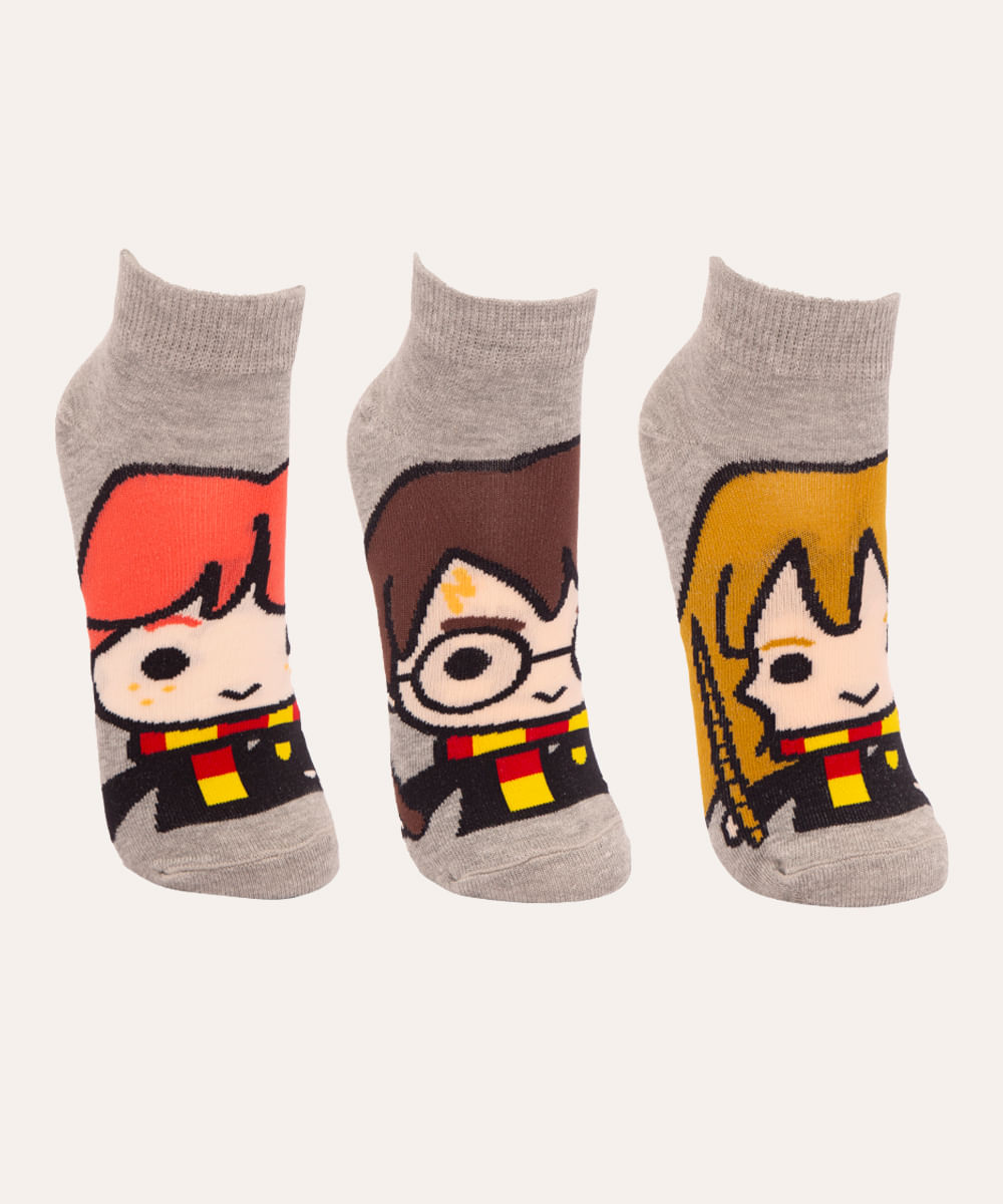 kit de 3 pares de meias cano baixo harry potter colorido kit de 3 pares de meias cano baixo harry potter colorido