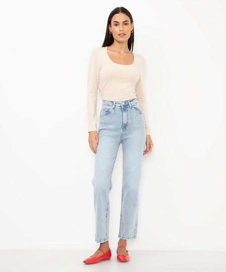 calça jeans reta cintura super alta azul claro 36