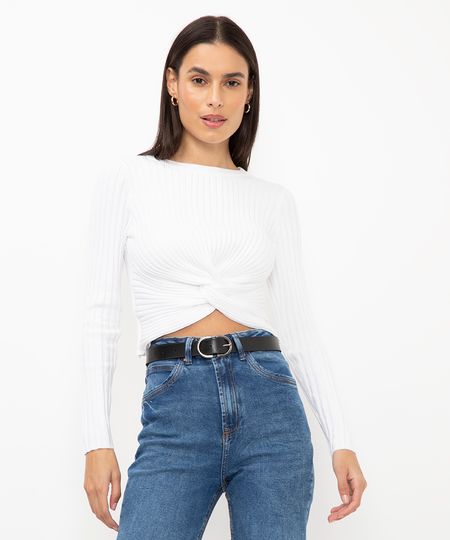 blusa de tricot canelada com nó off white P blusa de tricot canelada com nó off white P