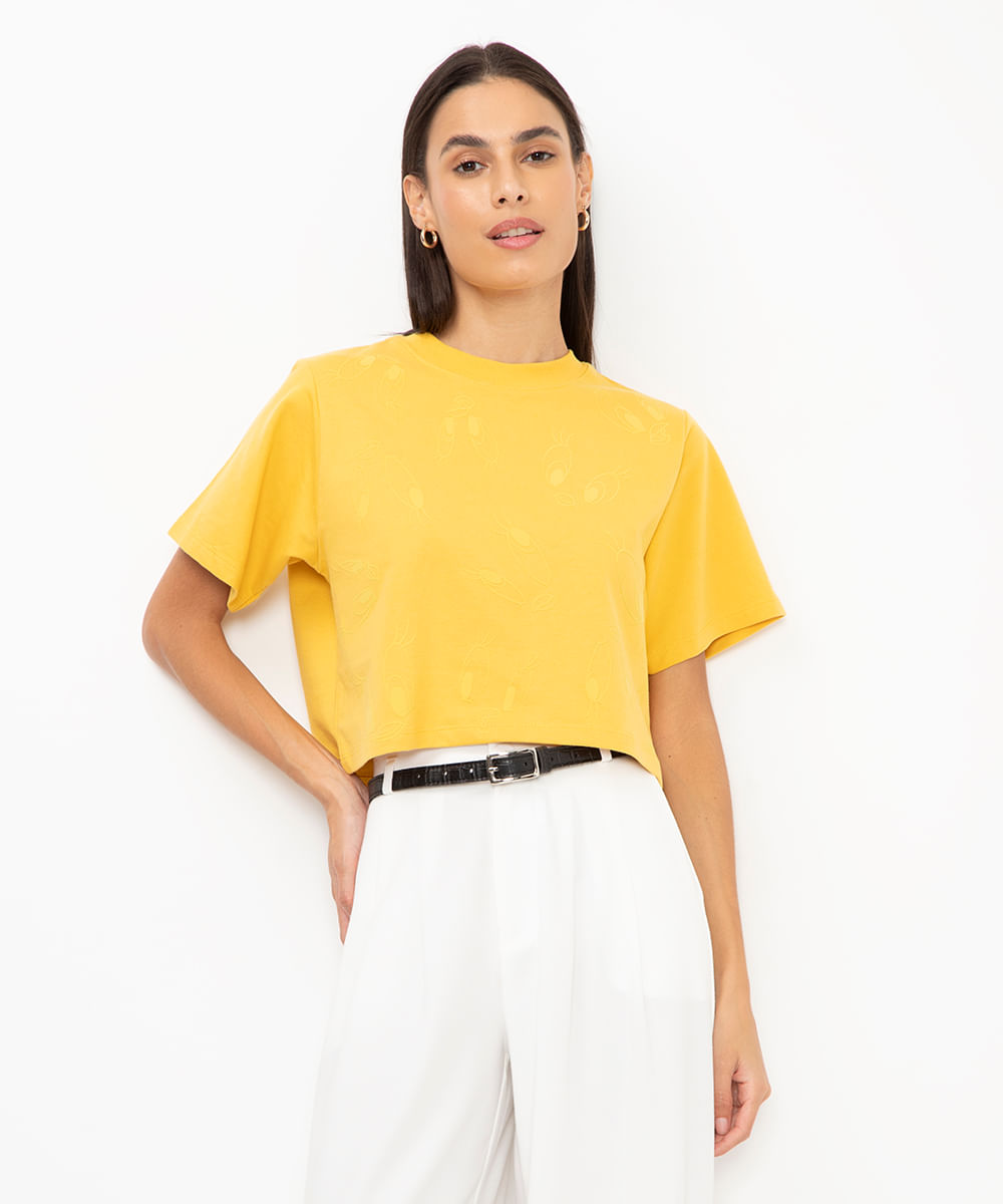 cropped de moletinho piu piu amarelo