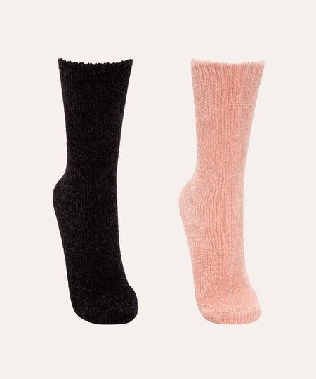 kit de 2 pares de meias chenille antiderrapante colorido 34-39