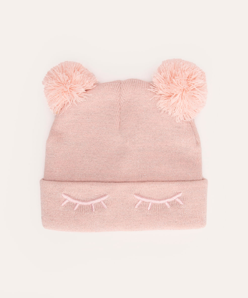 gorro infantil de tricot com pompom rosa