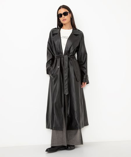 casaco trench coat longo de poliuretano preto P