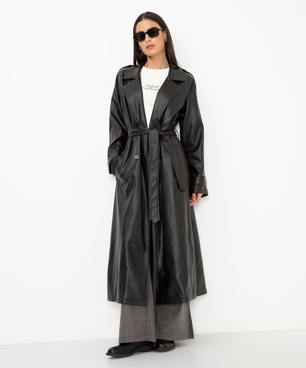 casaco trench coat longo de poliuretano preto