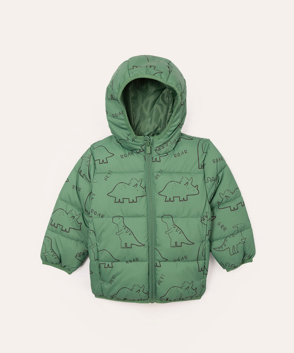 jaqueta puffer infantil com capuz dinossauro verde