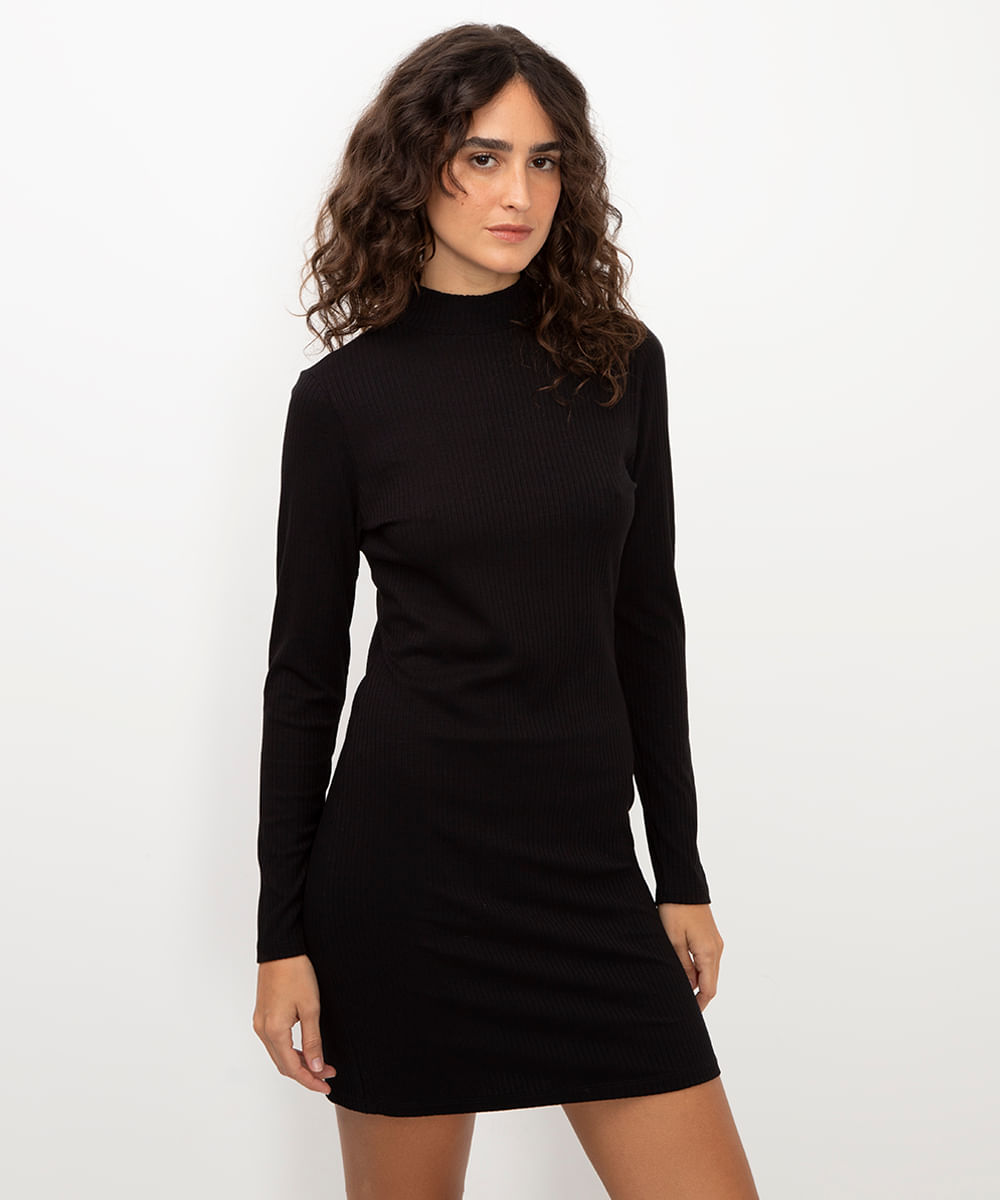 vestido curto de viscose canelado preto