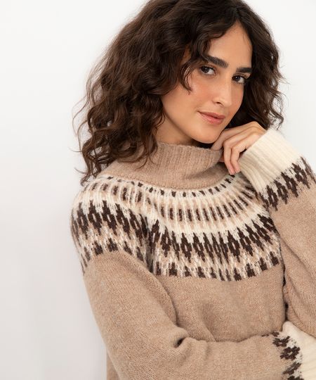 suéter de tricot étnico gola alta areia P