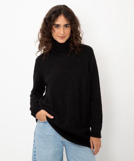 suéter de tricot pelinhos gola alta preto PP