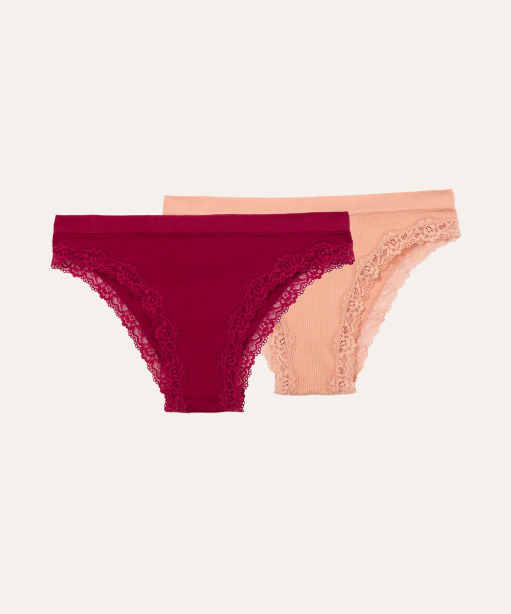 kit 2 calcinhas com renda rosa e vinho
