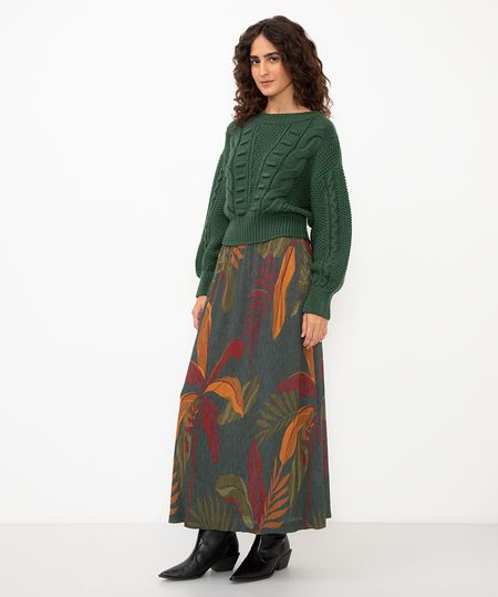 saia longa plissada floral cintura alta verde P