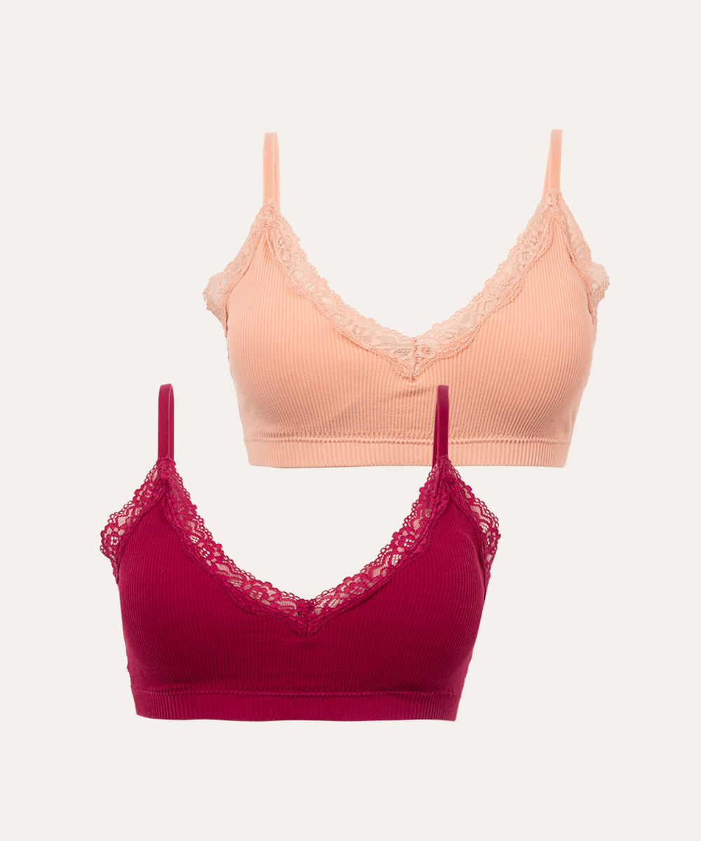 kit 2 sutiãs triângulo de microfibra com renda rosa e vinho