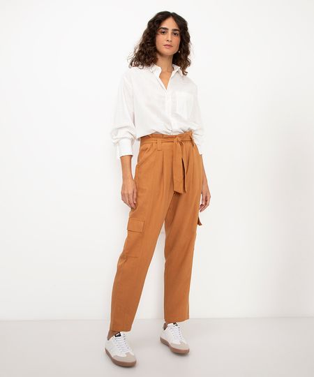 calça cargo com linho cintura alta bege 34