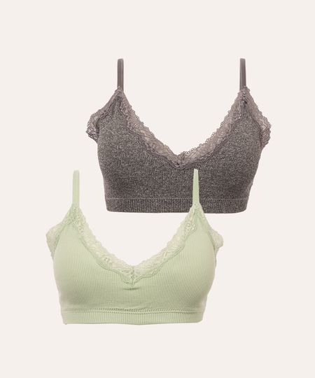 kit 2 sutiãs triângulo de microfibra com renda verde e cinza P