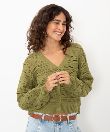 cardigan de tricot com botões verde militar PP