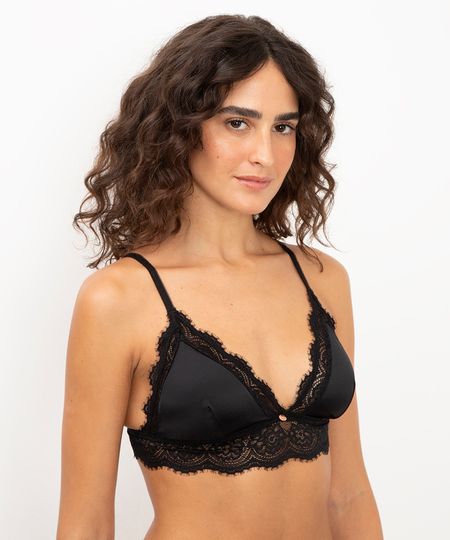 sutiã triângulo acetinado com rendado preto 42 sutiã triângulo acetinado com rendado preto 42