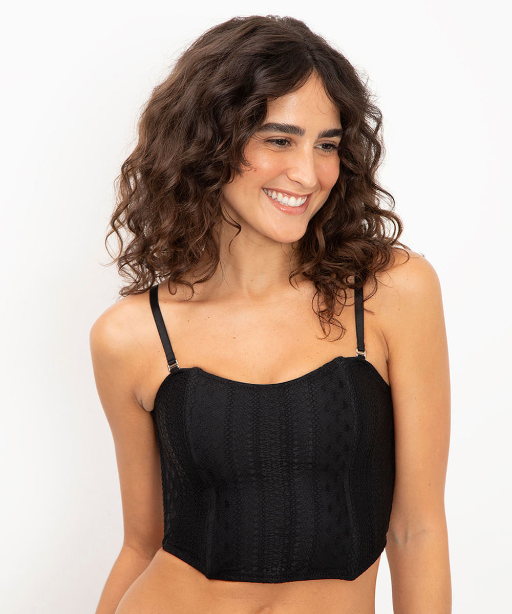 sutiã cropped corset rendado preto