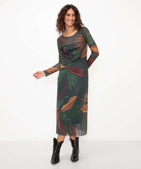 vestido midi de tule canelado folhagens verde P