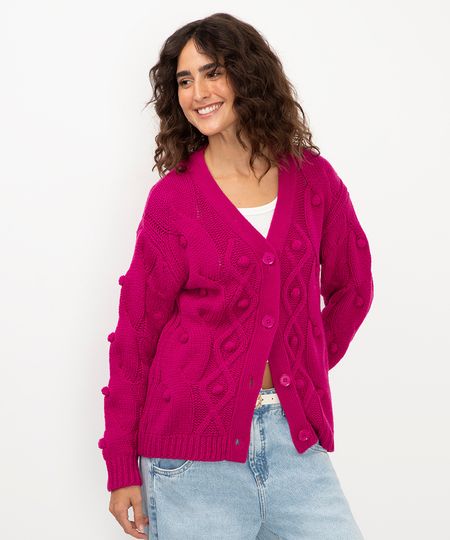 cardigan de tricot cables e bolinhas roxo PP