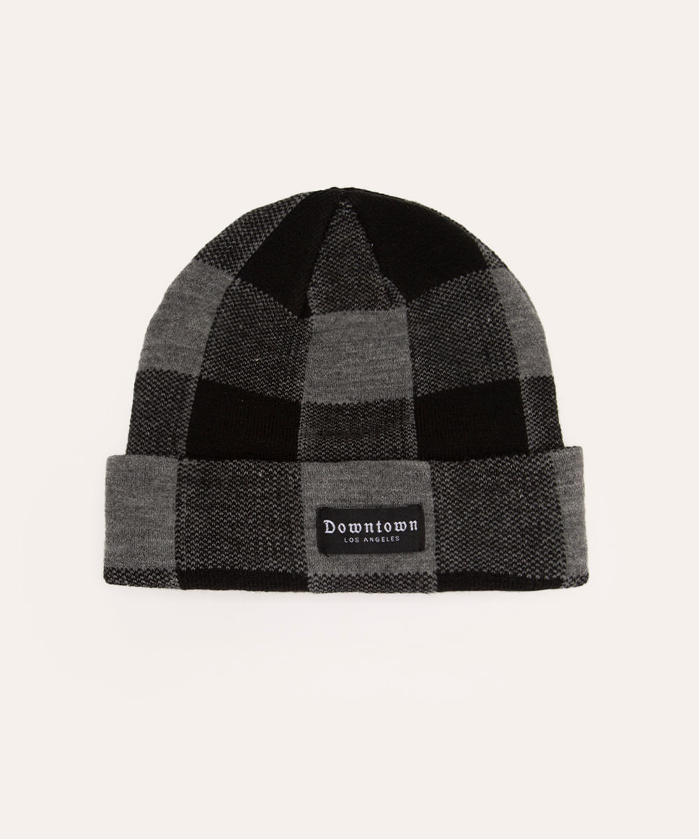 gorro de tricot juvenil xadrez preto