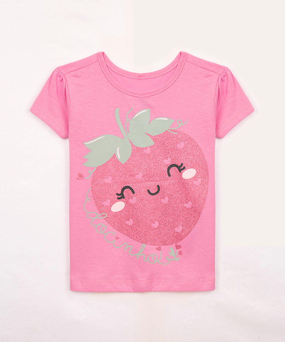 camiseta de algodão infantil morango com glitter rosa