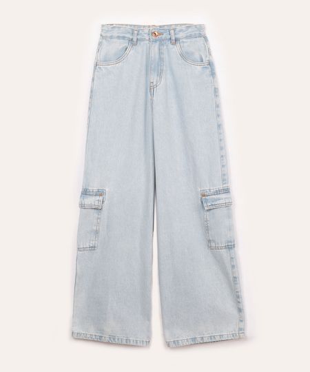 calça jeans wide leg cargo juvenil azul claro 10