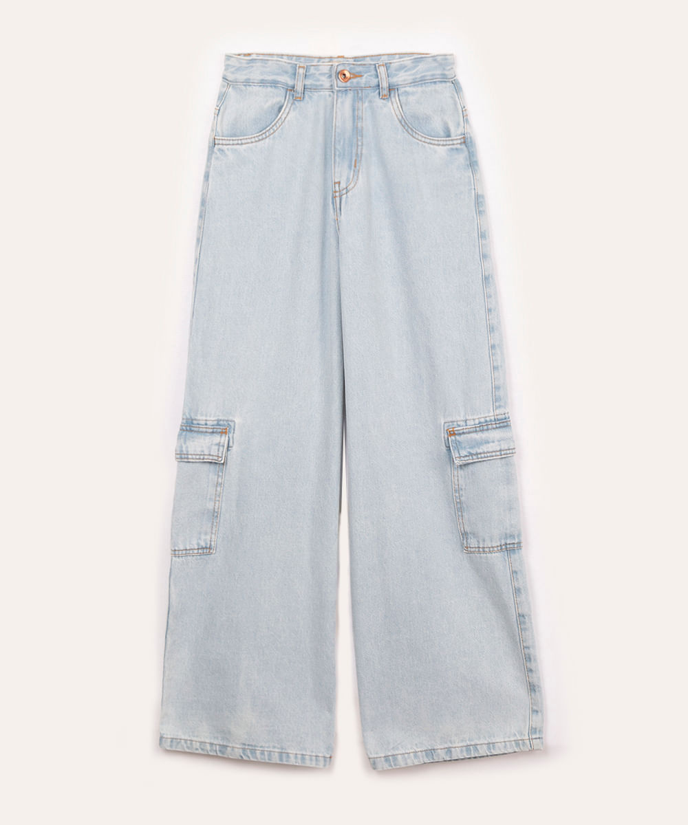 calça jeans wide leg cargo juvenil azul claro