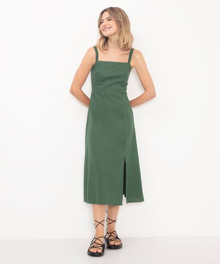 vestido midi de viscose com fenda  - verde escuro P