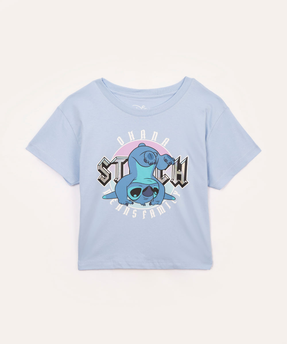 camiseta de algodão juvenil stitch azul claro