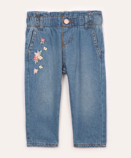 calça jeans infantil bordado de flores azul claro 12-18