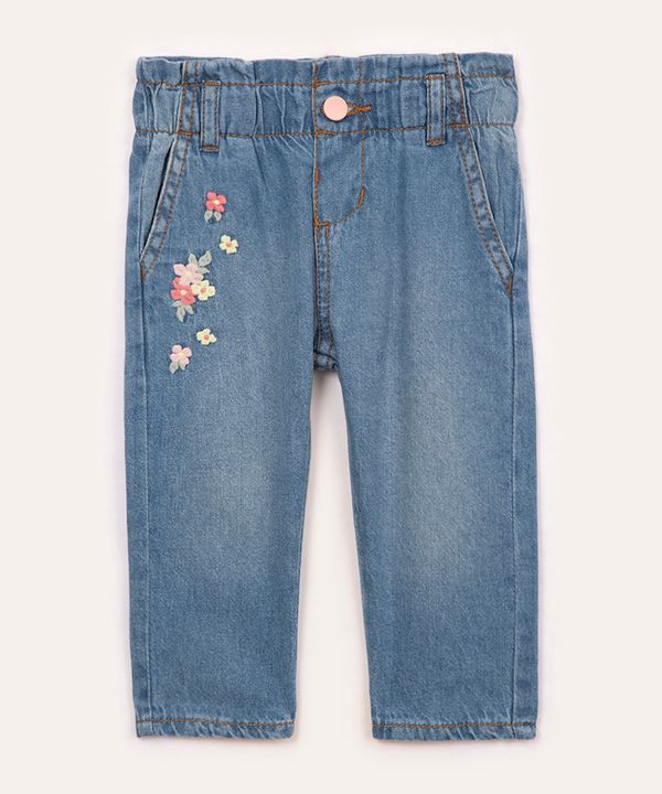 calça jeans infantil bordado de flores azul claro 3-6
