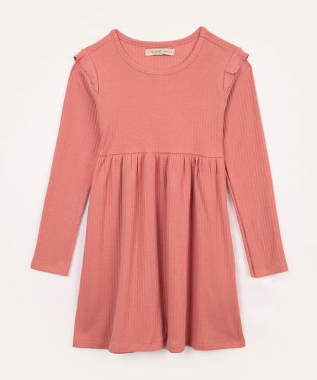 vestido infantil de algodão canelado com babado rosa 4