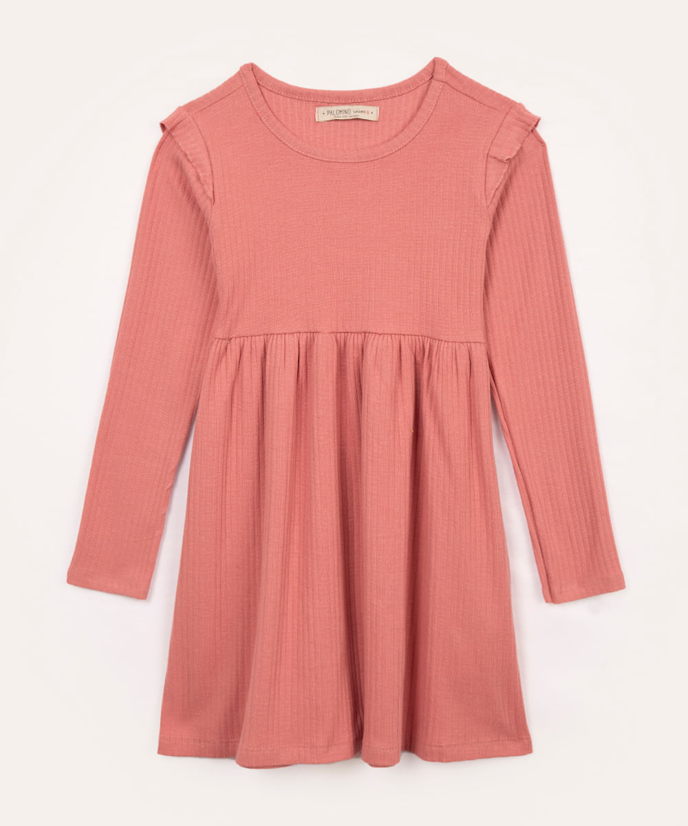 vestido infantil de algodão canelado com babado rosa