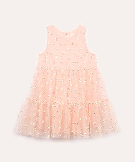 vestido de tule infantil bordado de borboletas e brilho rosa 2