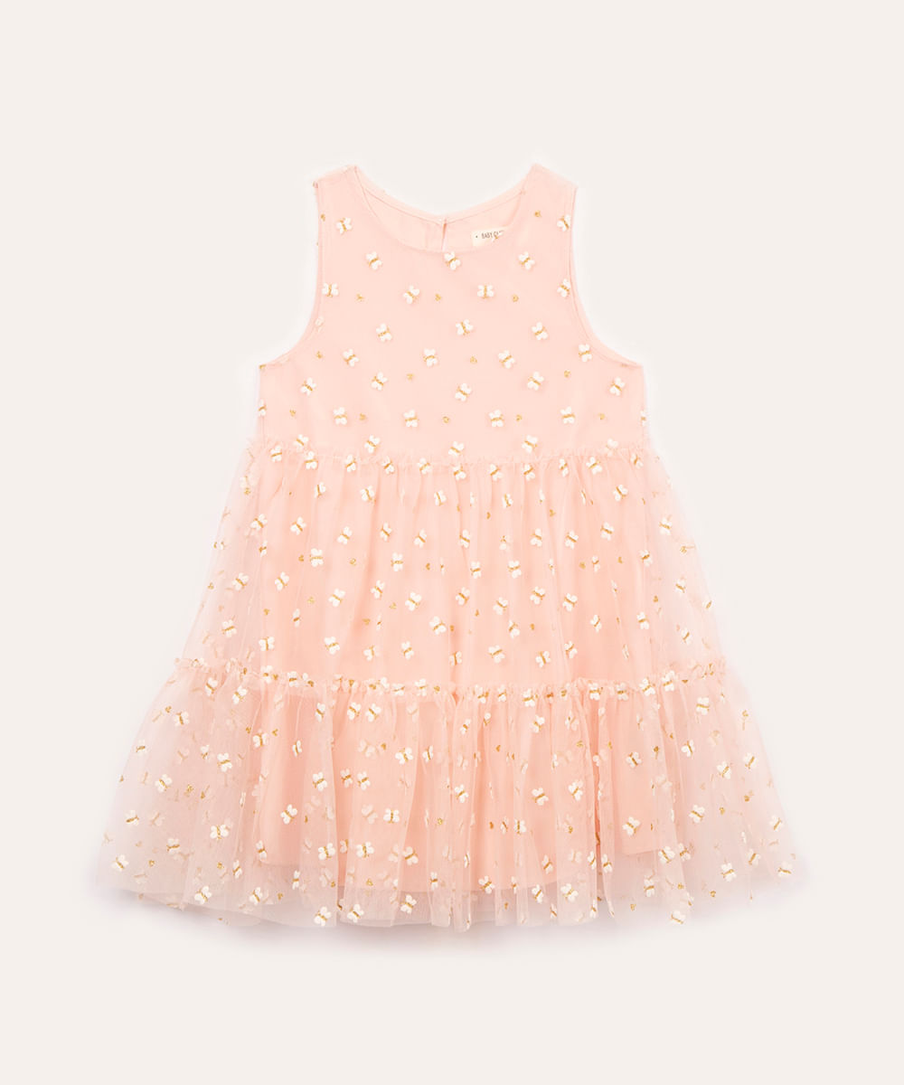 vestido de tule infantil bordado de borboletas e brilho - ROSA CLARO