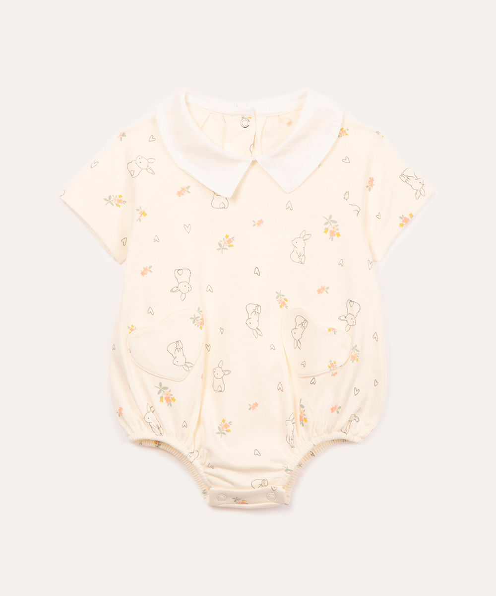 body de algodão infantil coelhos floral bege