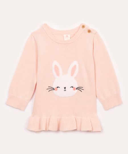 suéter de tricot infantil coelho rosa 12-18