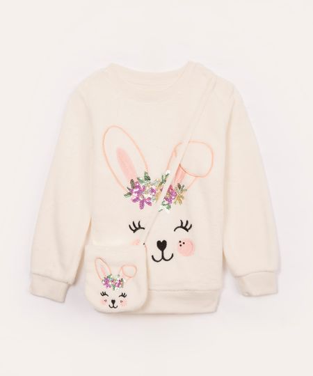 blusa de pelúcia infantil coelha com bolsinha off white 1