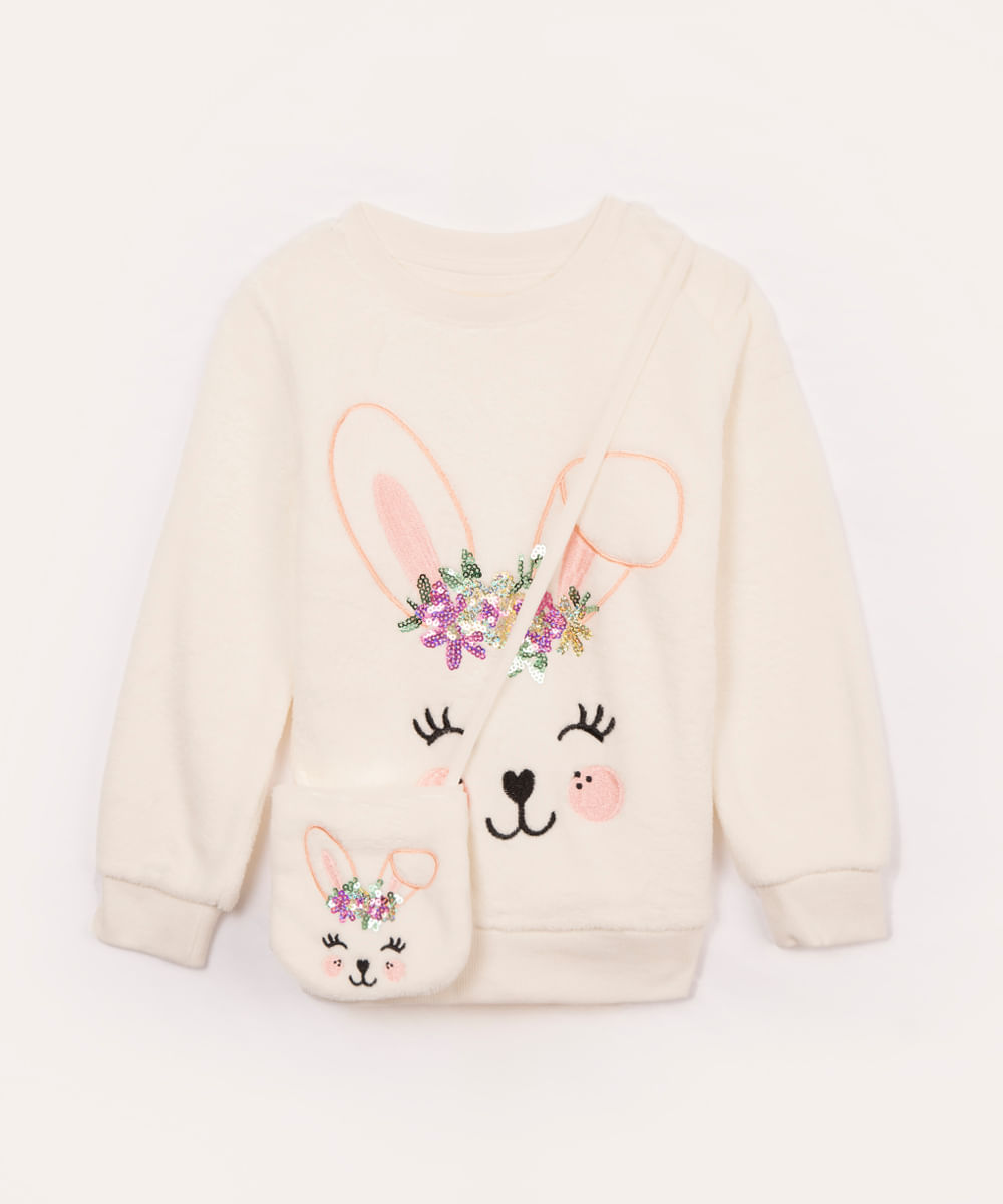 blusa de pelúcia infantil coelha com bolsinha off white