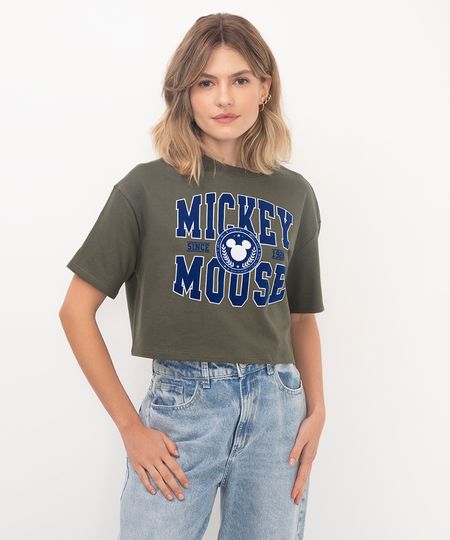 cropped de algodão mickey mouse verde militar M