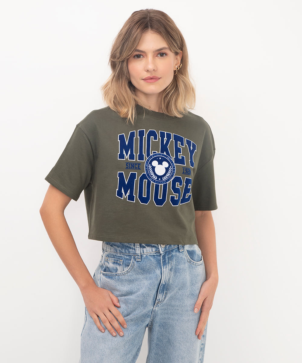 cropped de algodão mickey mouse verde militar
