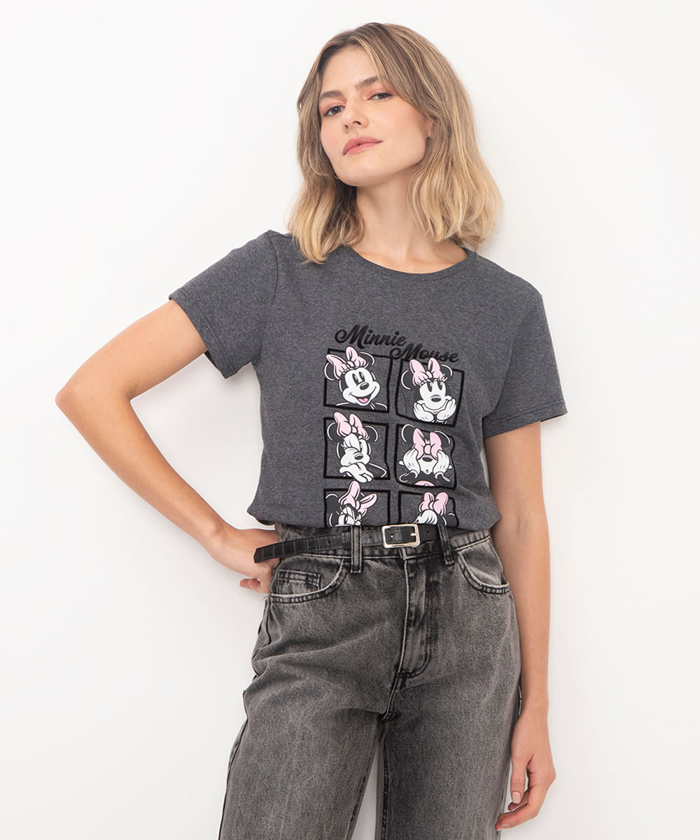 camiseta de algodão minnie mouse cinza