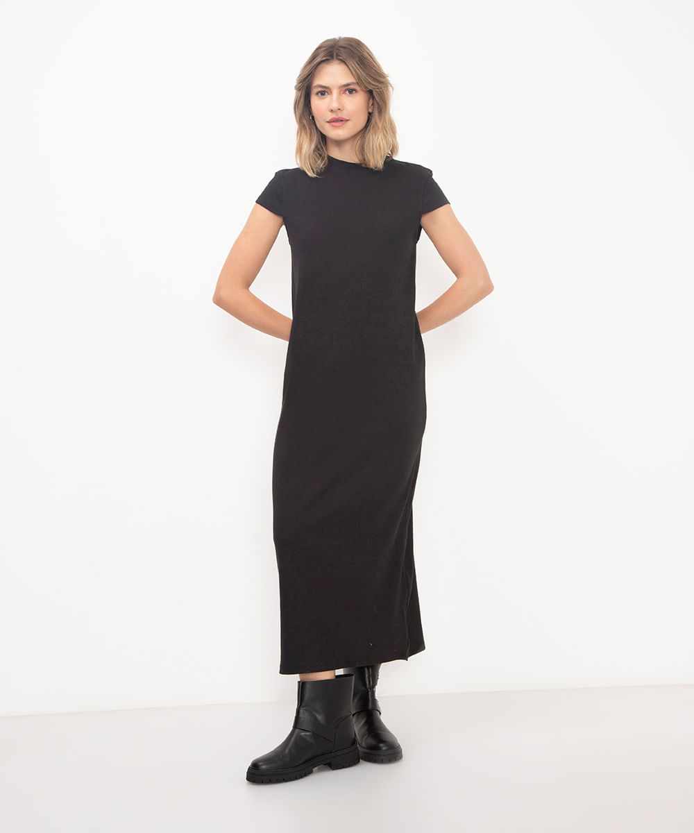 vestido midi de algodão canelado básico preto