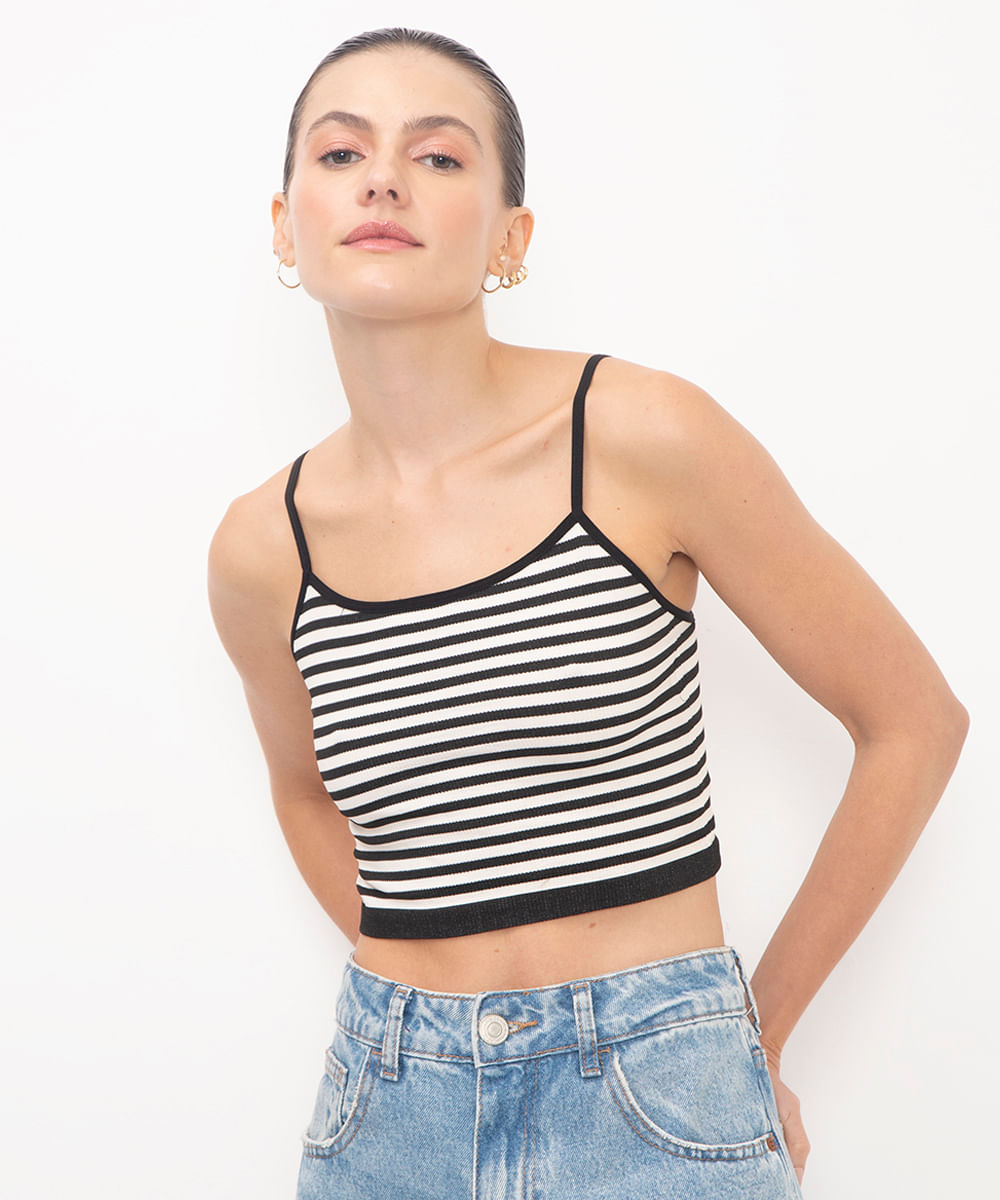 cropped de poliamida alça fina listrada preto