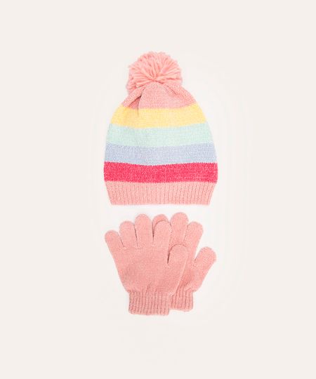 kit infantil de gorro e luva em tricot colorido UNICO