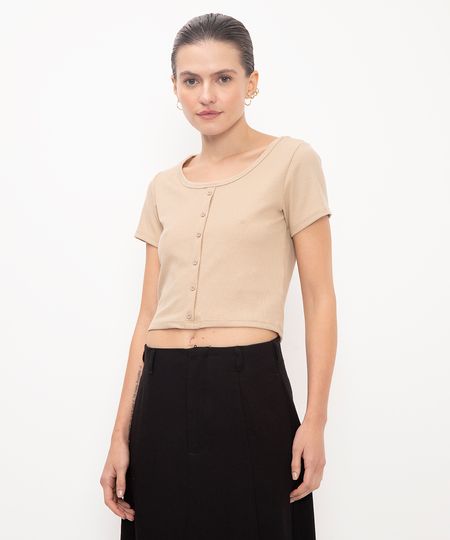 cropped básico manga curta botões bege M cropped básico manga curta botões bege M