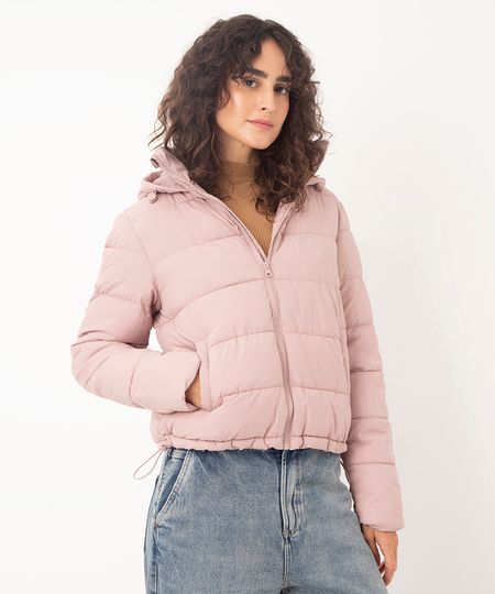 jaqueta puffer básica com capuz rosa P